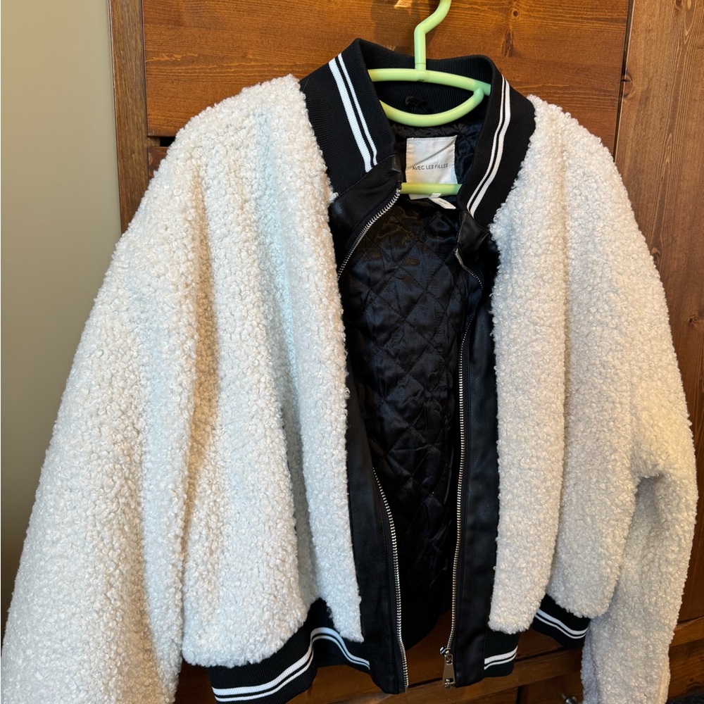 White and Black Cropped Teddy Varsity Jacket